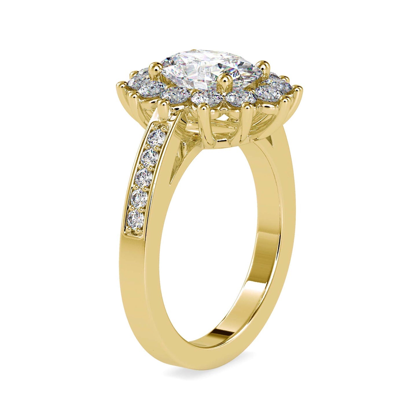 Oval Cut Diamond Halo Engagement Ring with Pavé Band | Available in White & Yellow Gold