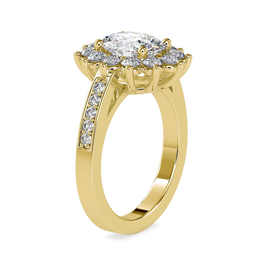 Oval Cut Diamond Halo Engagement Ring with Pavé Band | Available in White & Yellow Gold