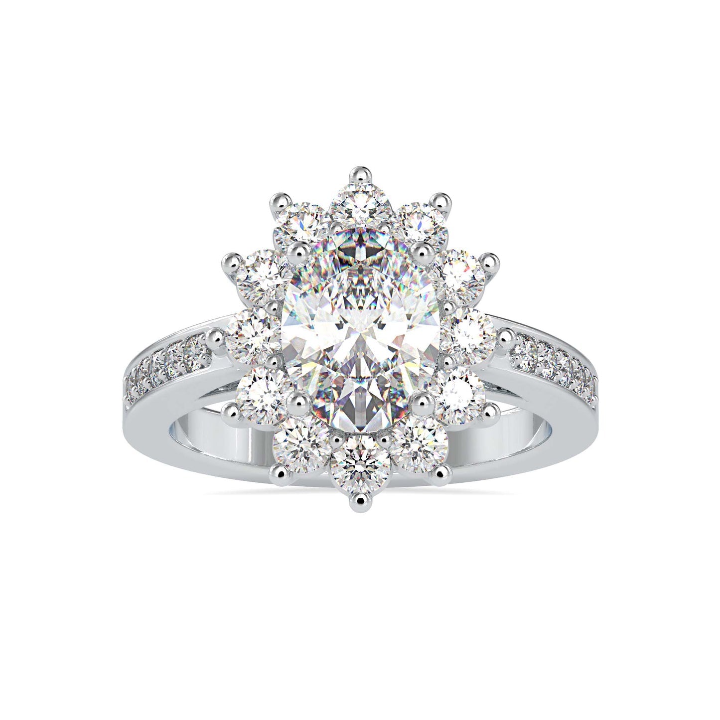 Oval Cut Diamond Halo Engagement Ring with Pavé Band | Available in White & Yellow Gold