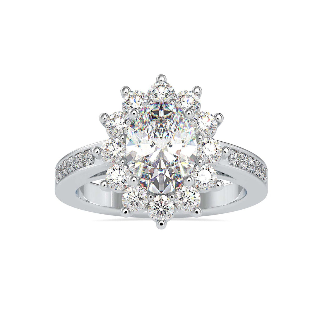 Oval Cut Diamond Halo Engagement Ring with Pavé Band | Available in White & Yellow Gold