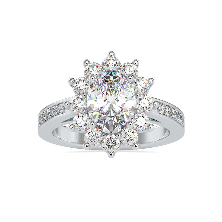 Oval Cut Diamond Halo Engagement Ring with Pavé Band | Available in White & Yellow Gold