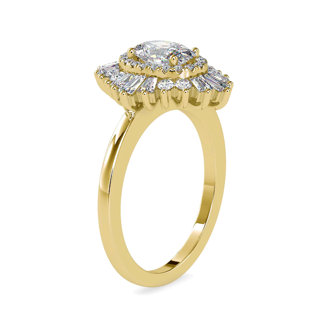 Oval Halo Diamond Engagement Ring with Double Baguette Halo in 14K Yellow & White Gold | Vintage Inspired Bridal Ring