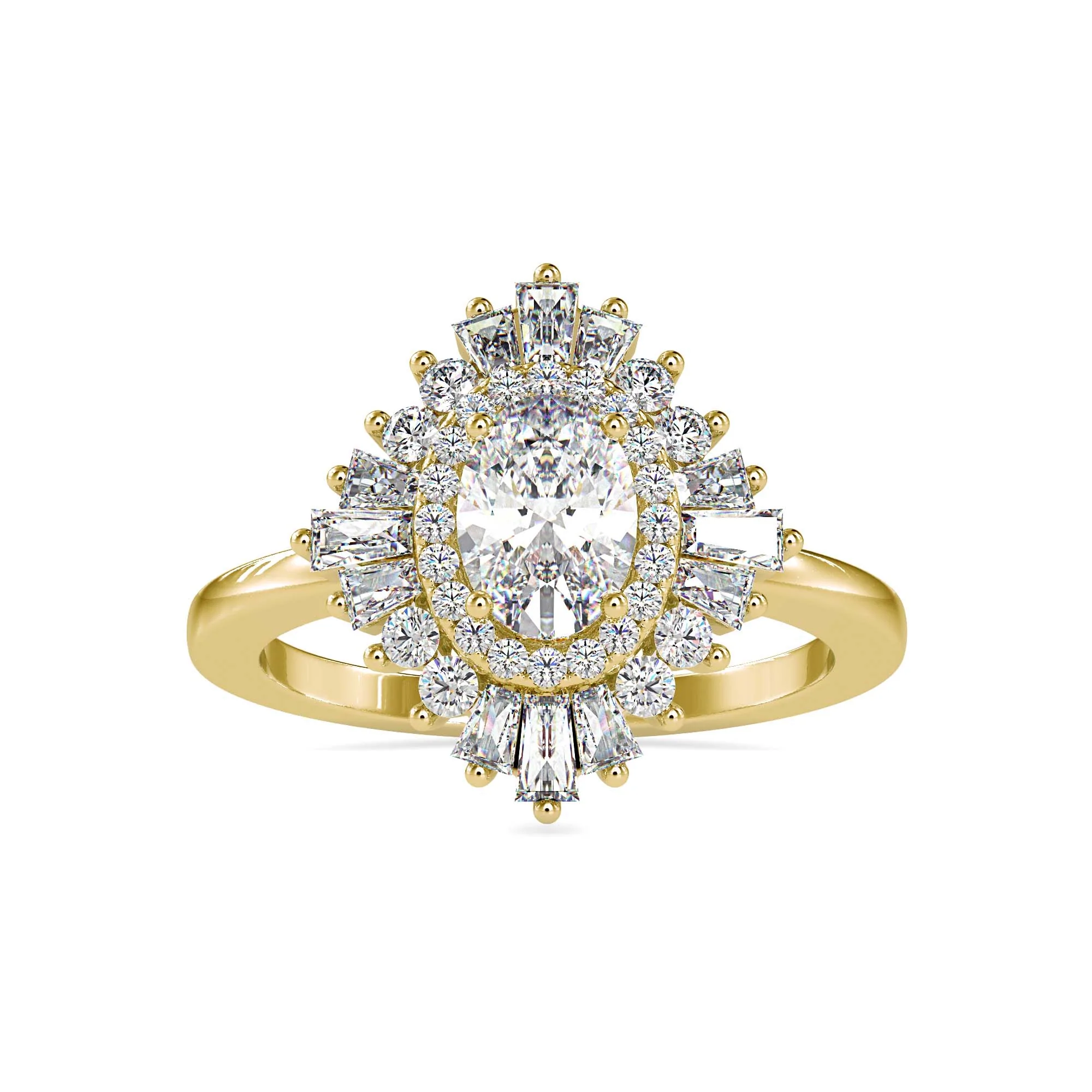 Oval Halo Diamond Engagement Ring with Double Baguette Halo in 14K Yellow & White Gold | Vintage Inspired Bridal Ring