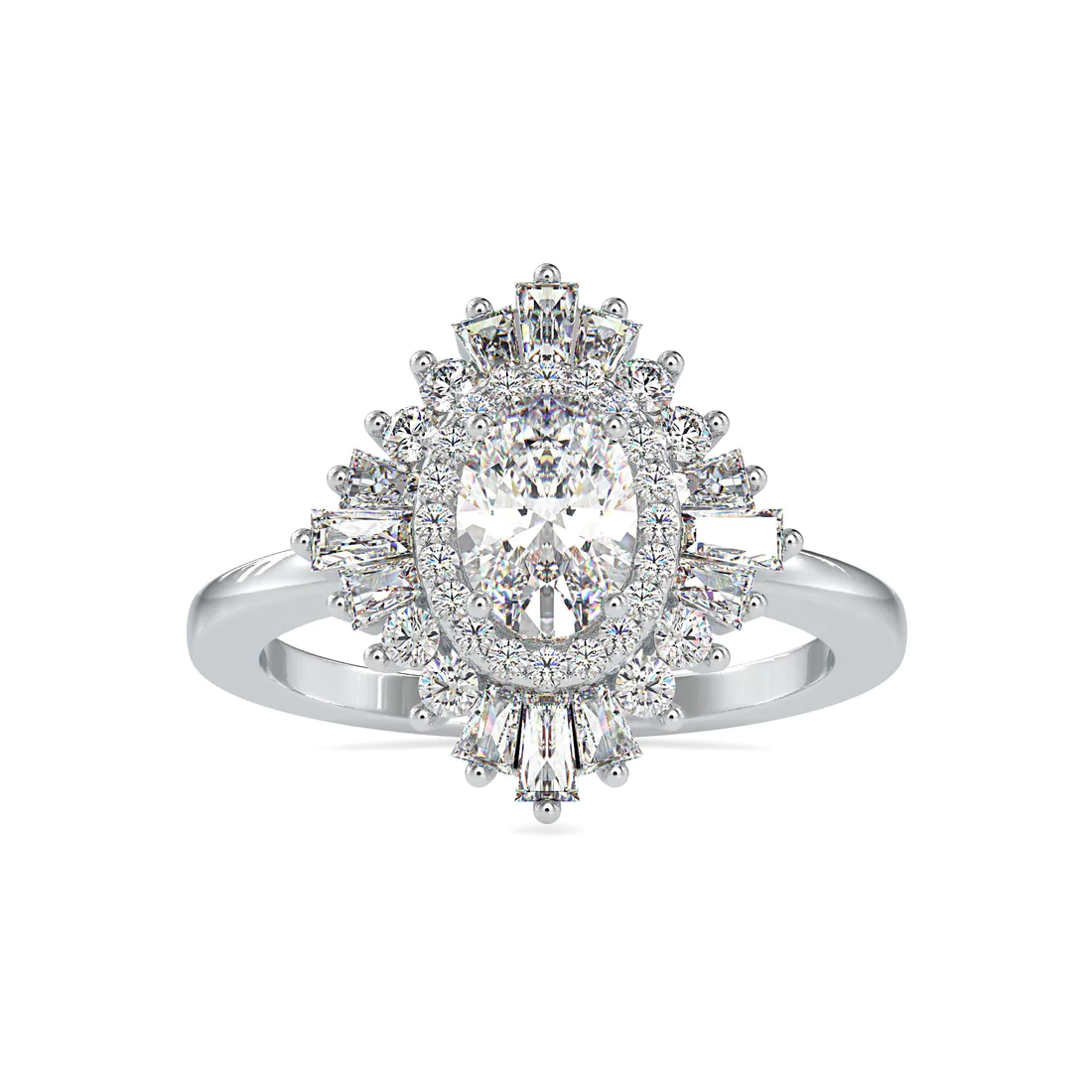 Oval Halo Diamond Engagement Ring with Double Baguette Halo in 14K Yellow & White Gold | Vintage Inspired Bridal Ring
