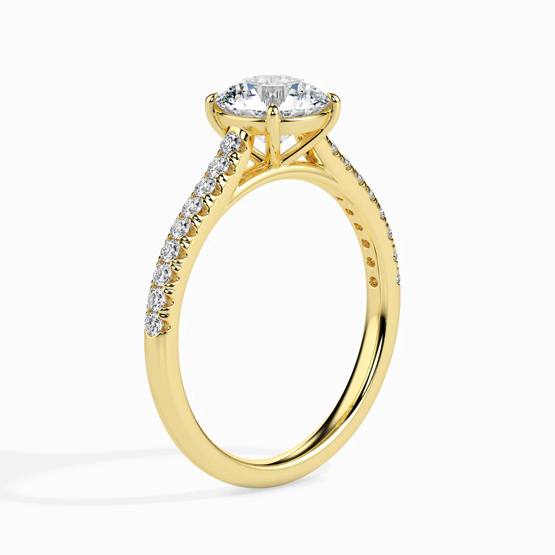 Classic Round Diamond Engagement Ring with Pavé Shank – White & Yellow Gold
