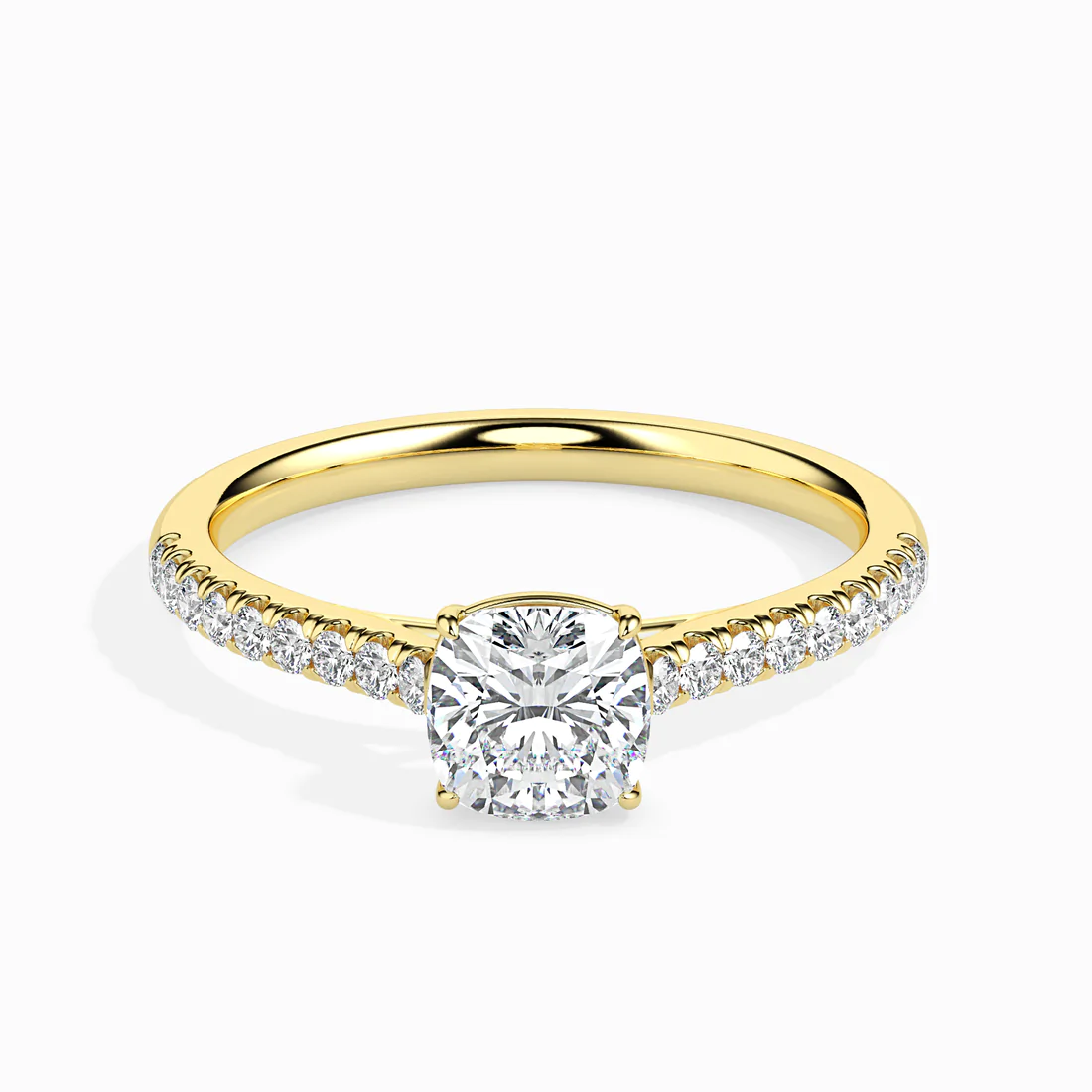 Cushion Cut Diamond Solitaire Engagement Ring with Pavé Band | 14K & 18K White Gold