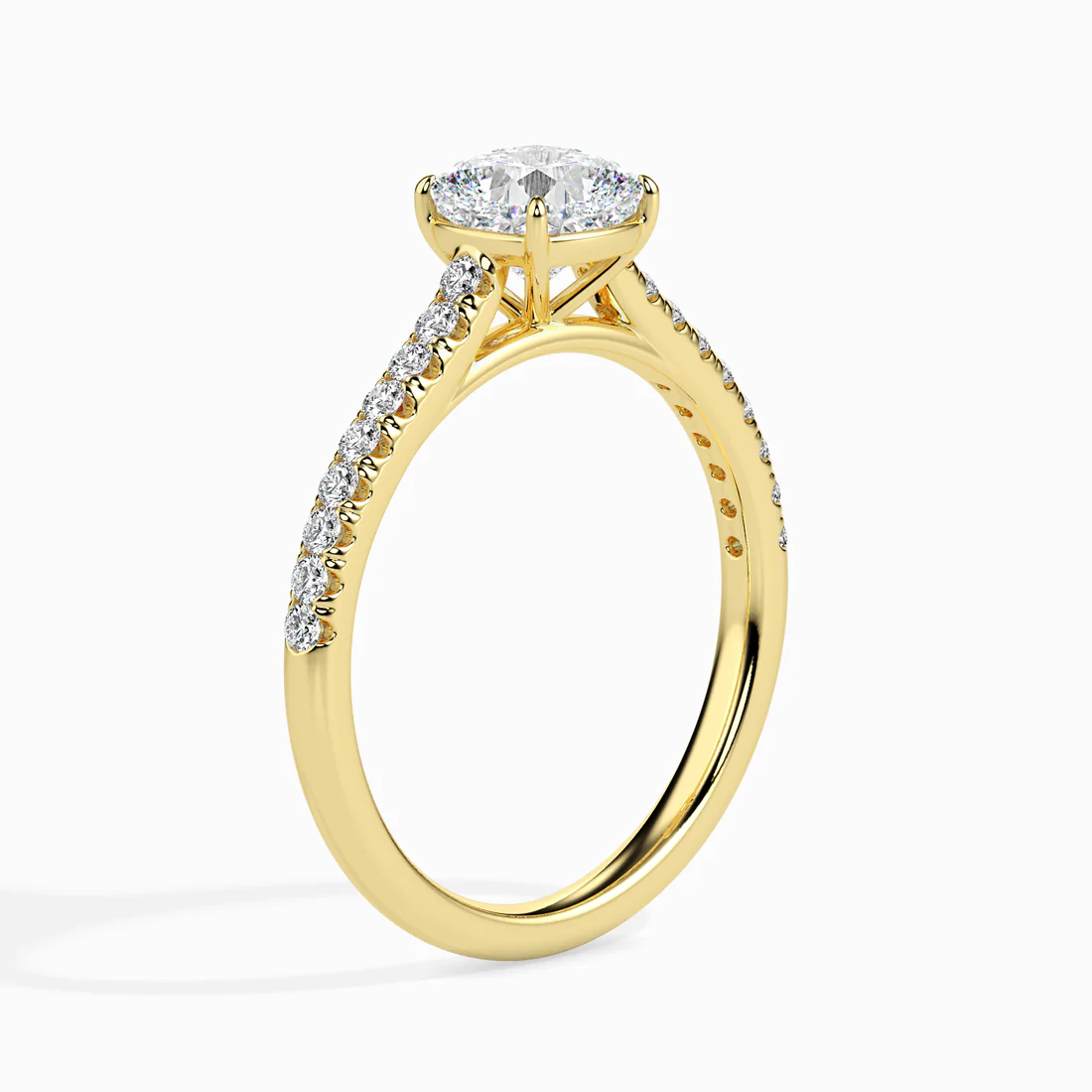 Cushion Cut Diamond Solitaire Engagement Ring with Pavé Band | 14K & 18K White Gold