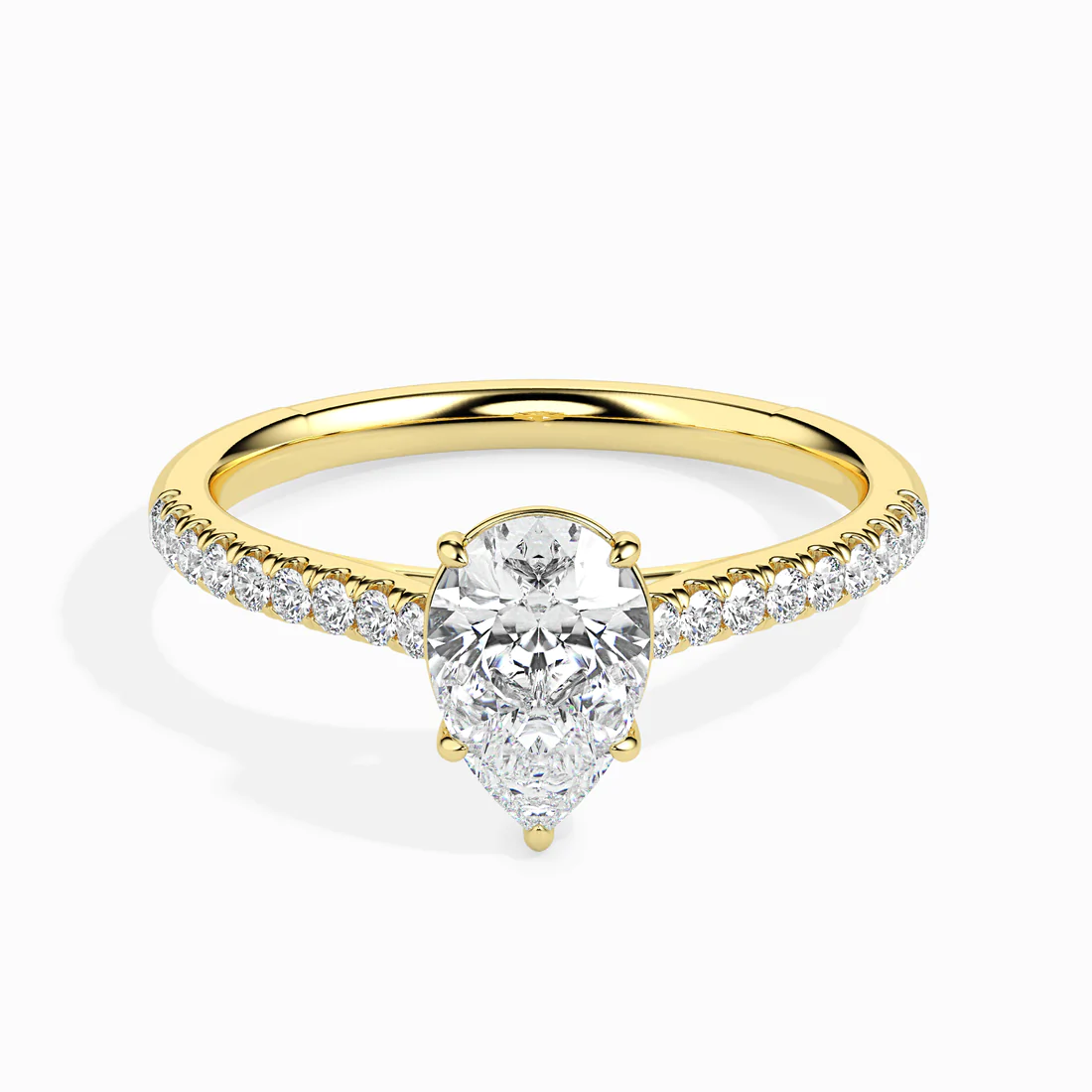 Pear Cut Diamond Engagement Ring with Pavé Band | Elegant Solitaire Ring in White & Yellow Gold
