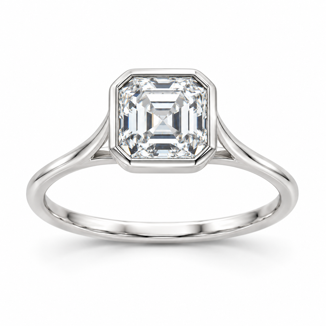 Asscher-cut lab-grown diamond bezel-set solitaire engagement ring