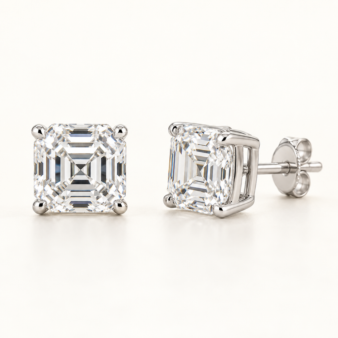 Asscher-cut lab-grown diamond stud earrings, front and side views