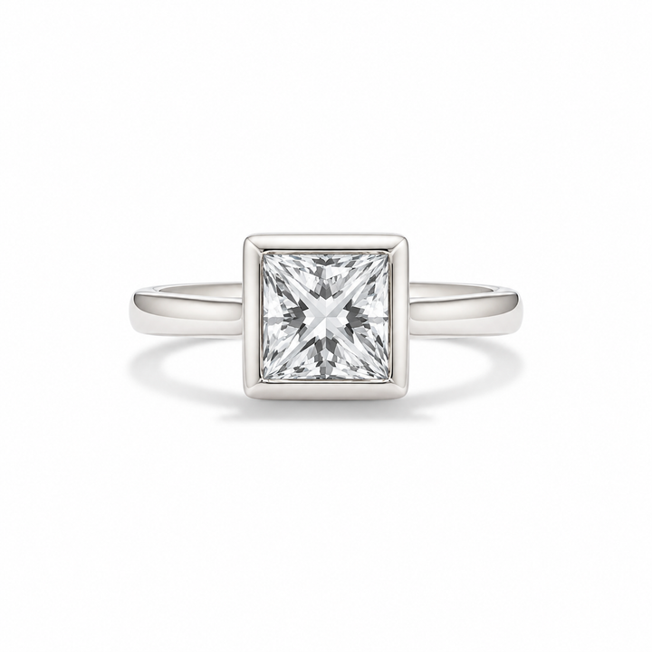 Princess Cut Lab Grown Diamond Bezel Set Solitaire Engagement Ring – white front view