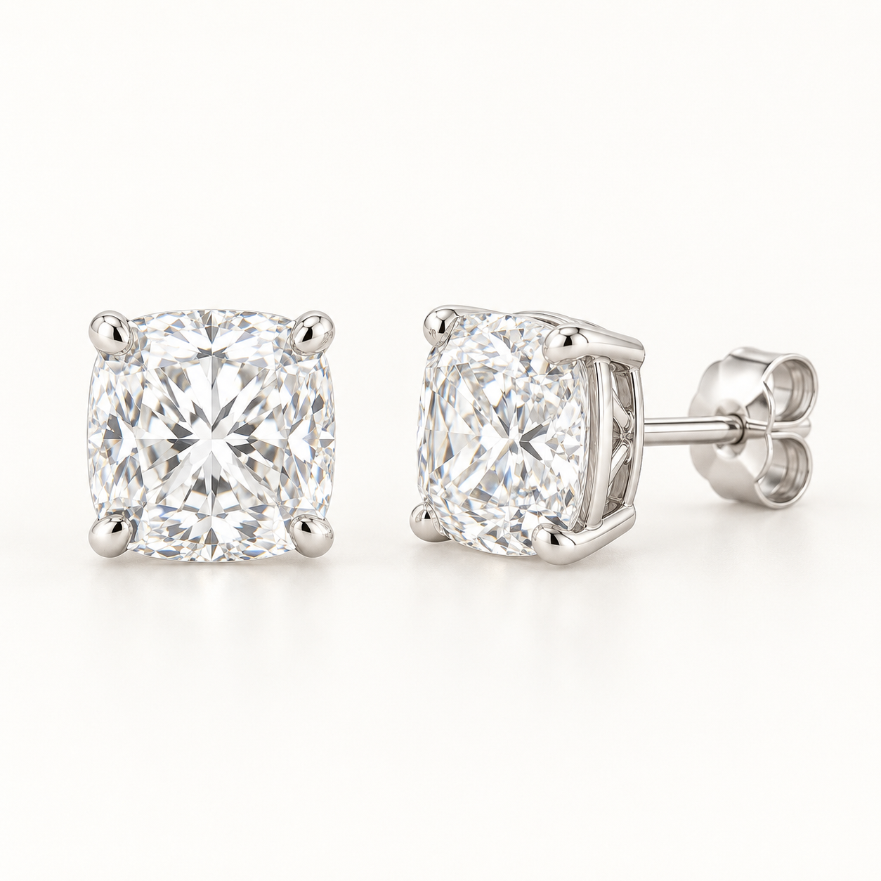 Cushion-cut lab-grown diamond stud earrings, front and side views
