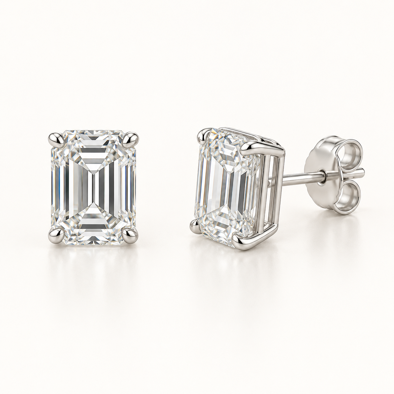 Emerald-cut lab-grown diamond stud earrings, front and side views