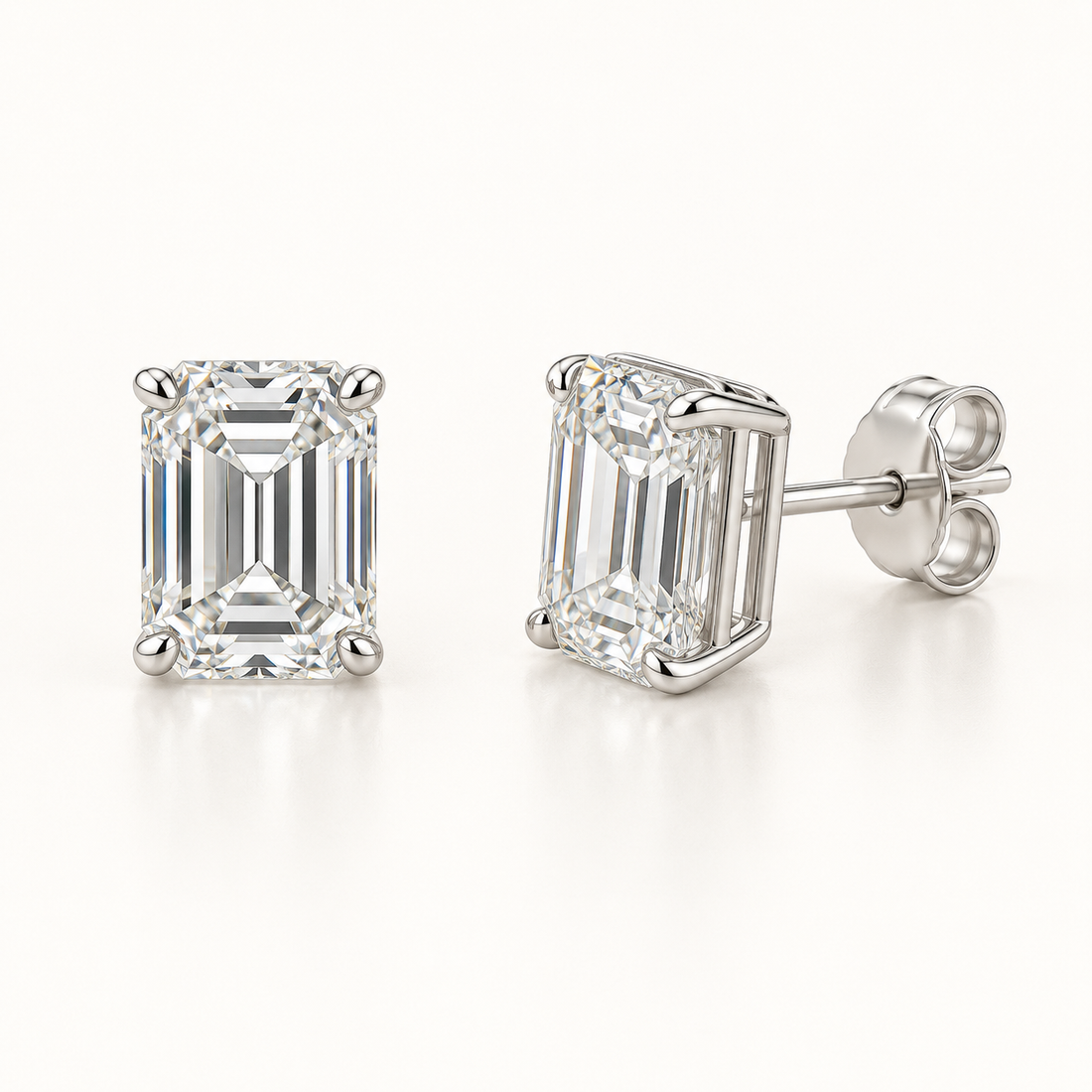 Emerald-cut lab-grown diamond stud earrings, front and side views