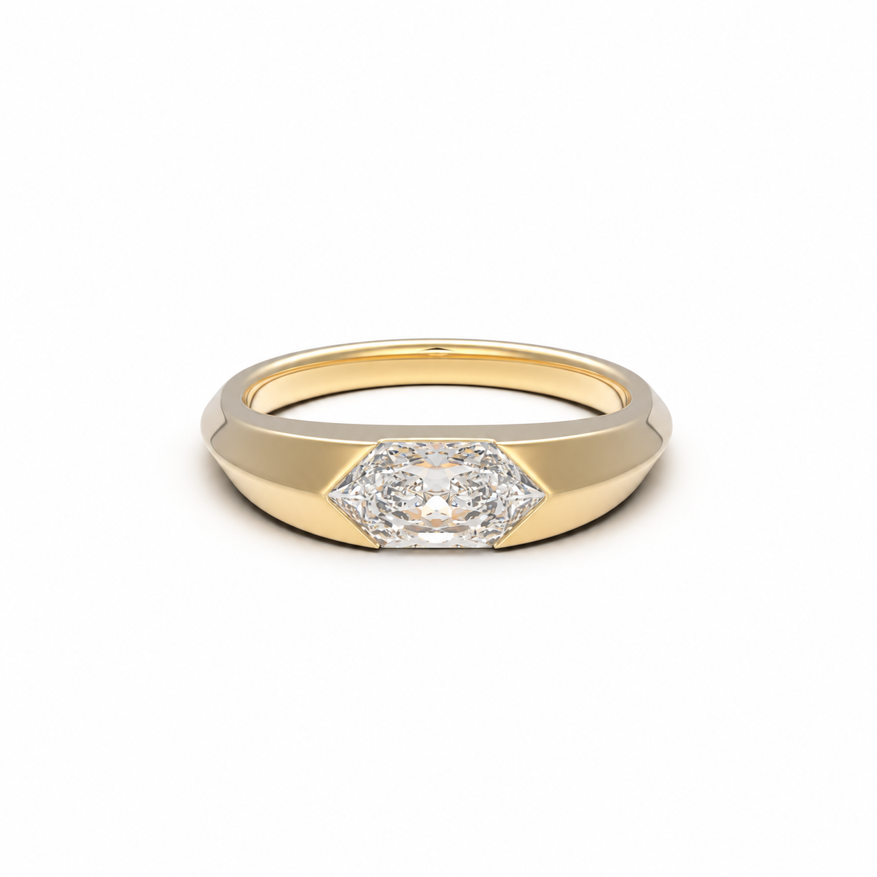 Kaleidoscope elongated hexagon lab-grown diamond signet ring in yellow gold, front view