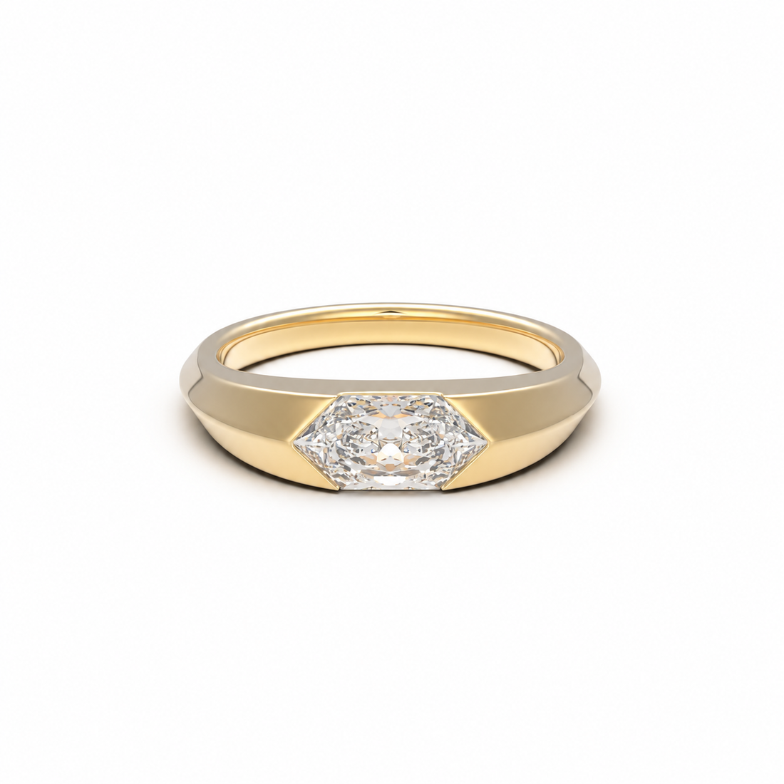Kaleidoscope elongated hexagon lab-grown diamond signet ring in yellow gold, front view