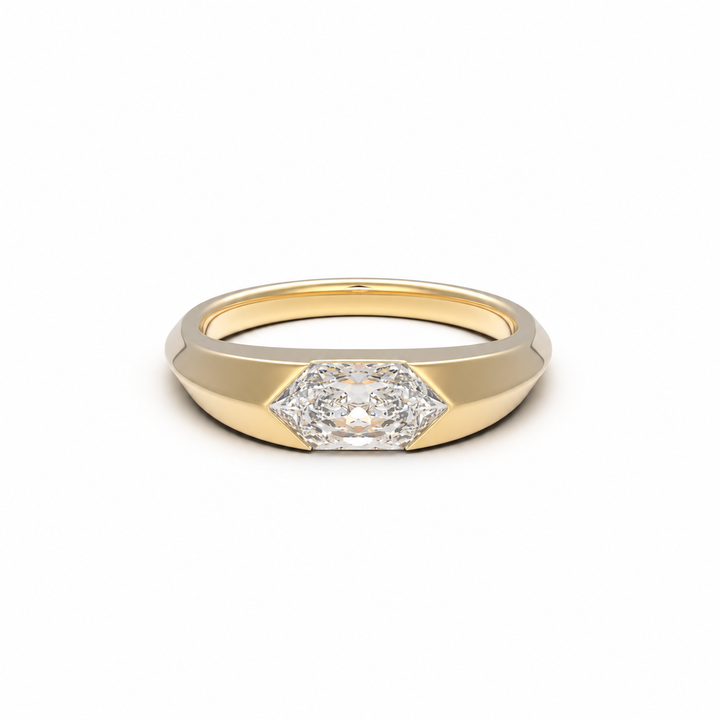 Kaleidoscope elongated hexagon lab-grown diamond signet ring in yellow gold, front view