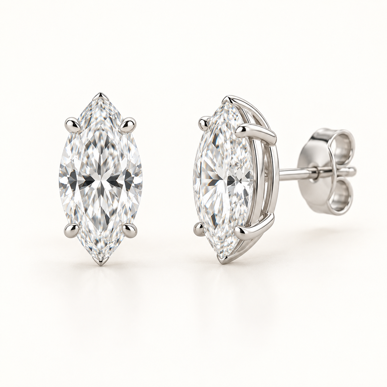 Marquise-cut lab-grown diamond stud earrings, front and side views