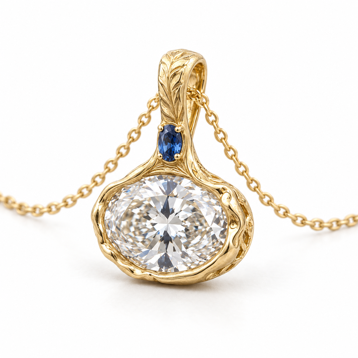 Angled view of the oval-cut pendant showing its sculpted botanical setting and blue accent on white.