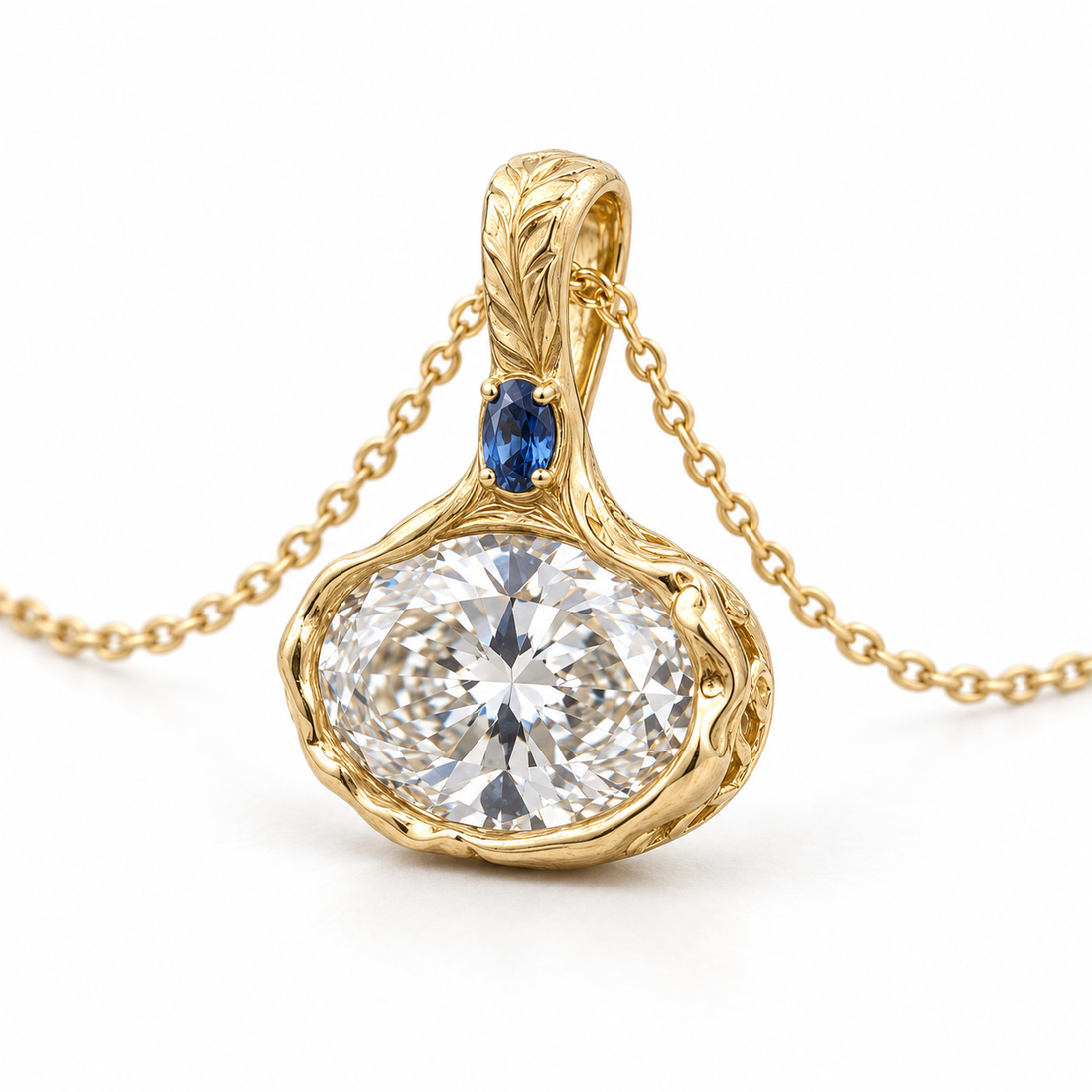 Angled view of the oval-cut pendant showing its sculpted botanical setting and blue accent on white.