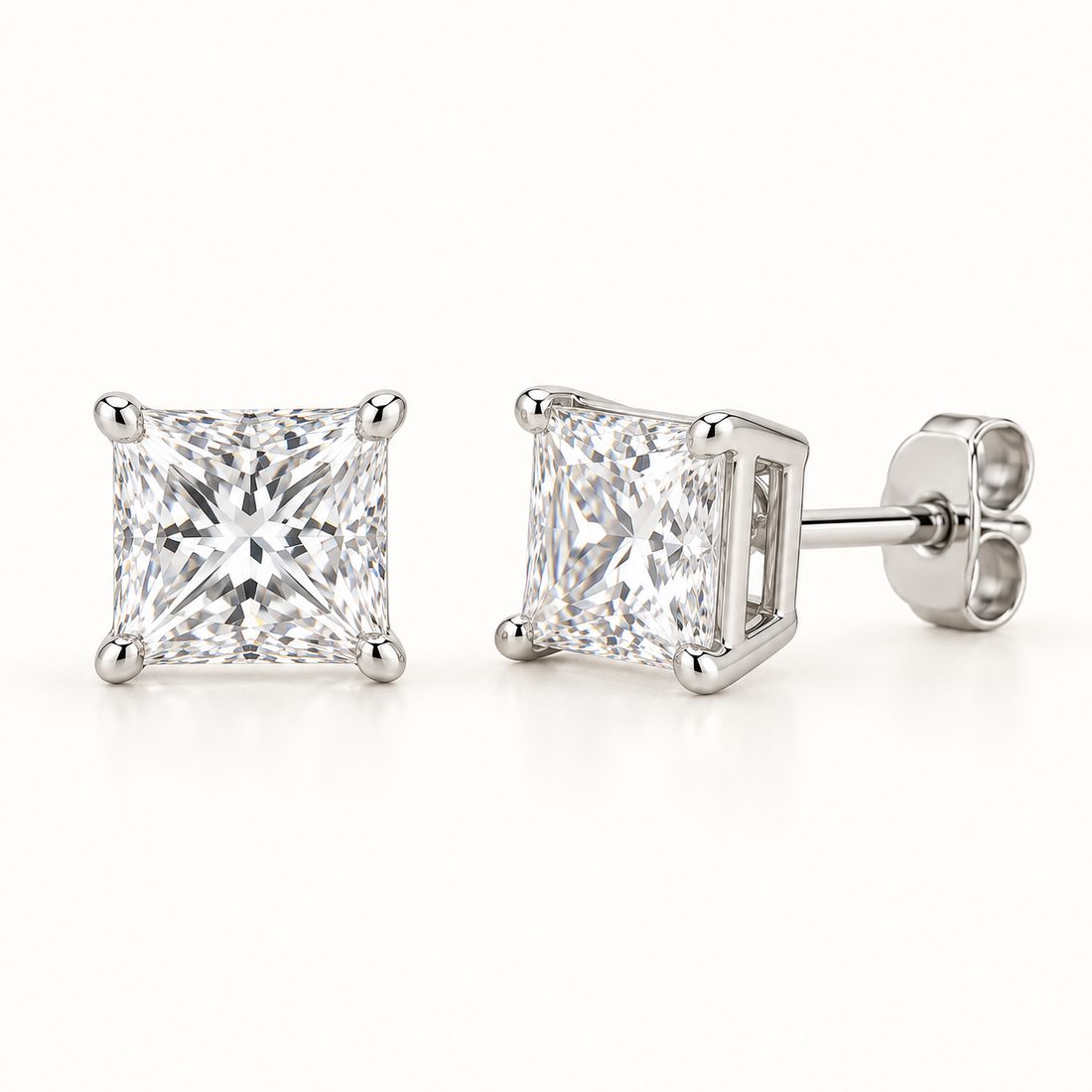Princess-cut lab-grown diamond stud earrings, front and side views