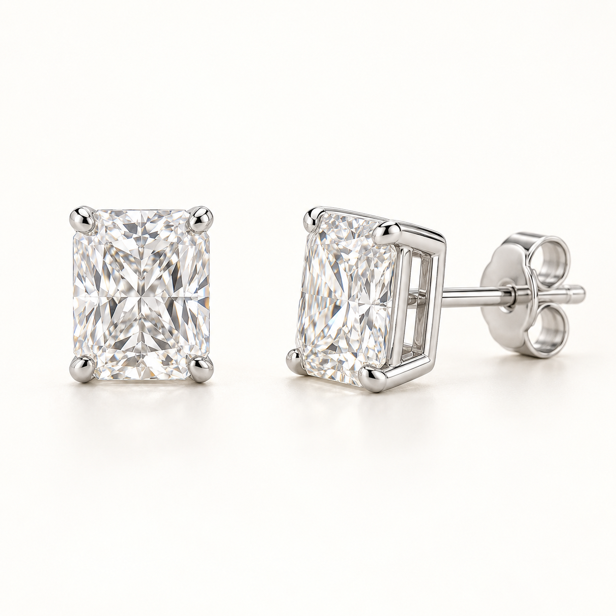 Radiant-cut lab-grown diamond stud earrings, front and side views