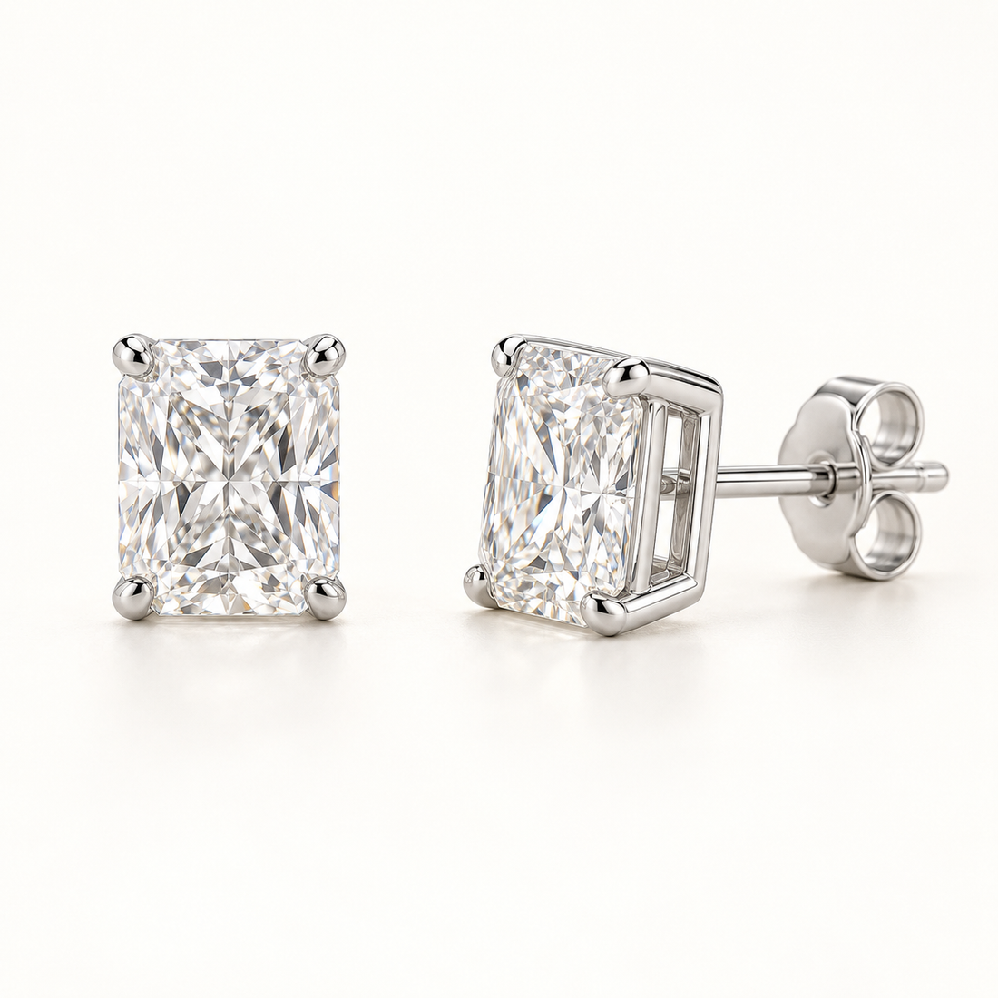 Radiant-cut lab-grown diamond stud earrings, front and side views