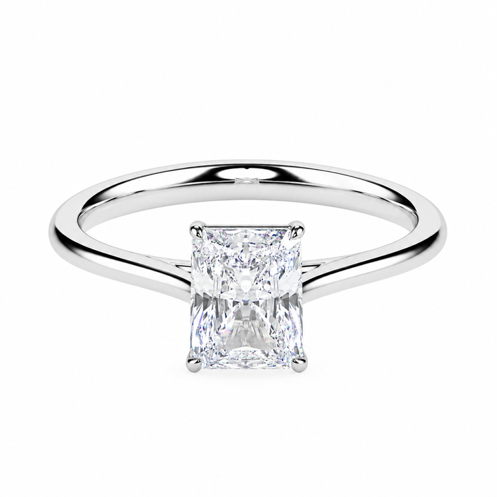 Radiant cut lab grown diamond solitaire ring white gold front view