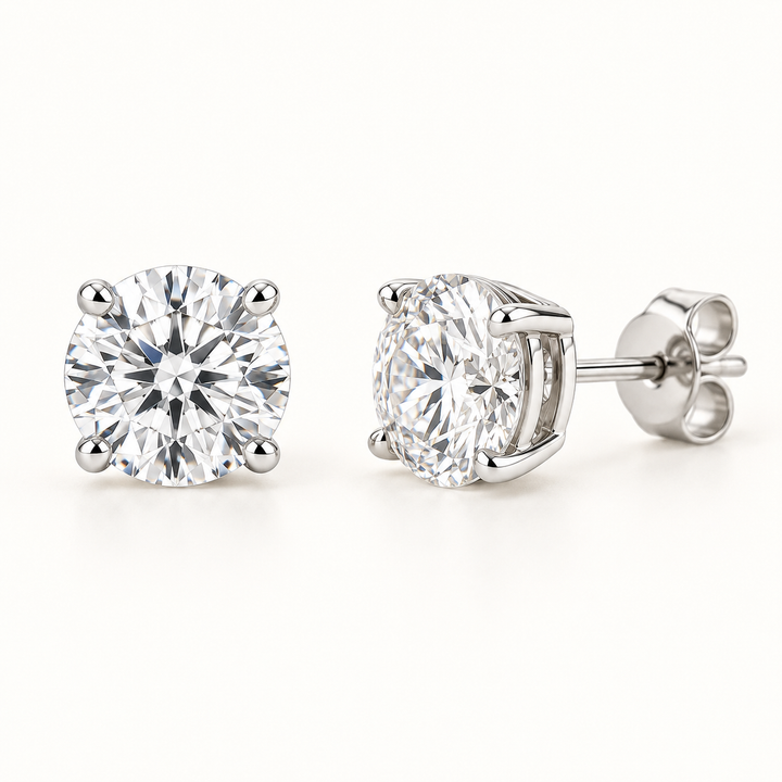 Round-cut lab-grown diamond stud earrings, front and side views