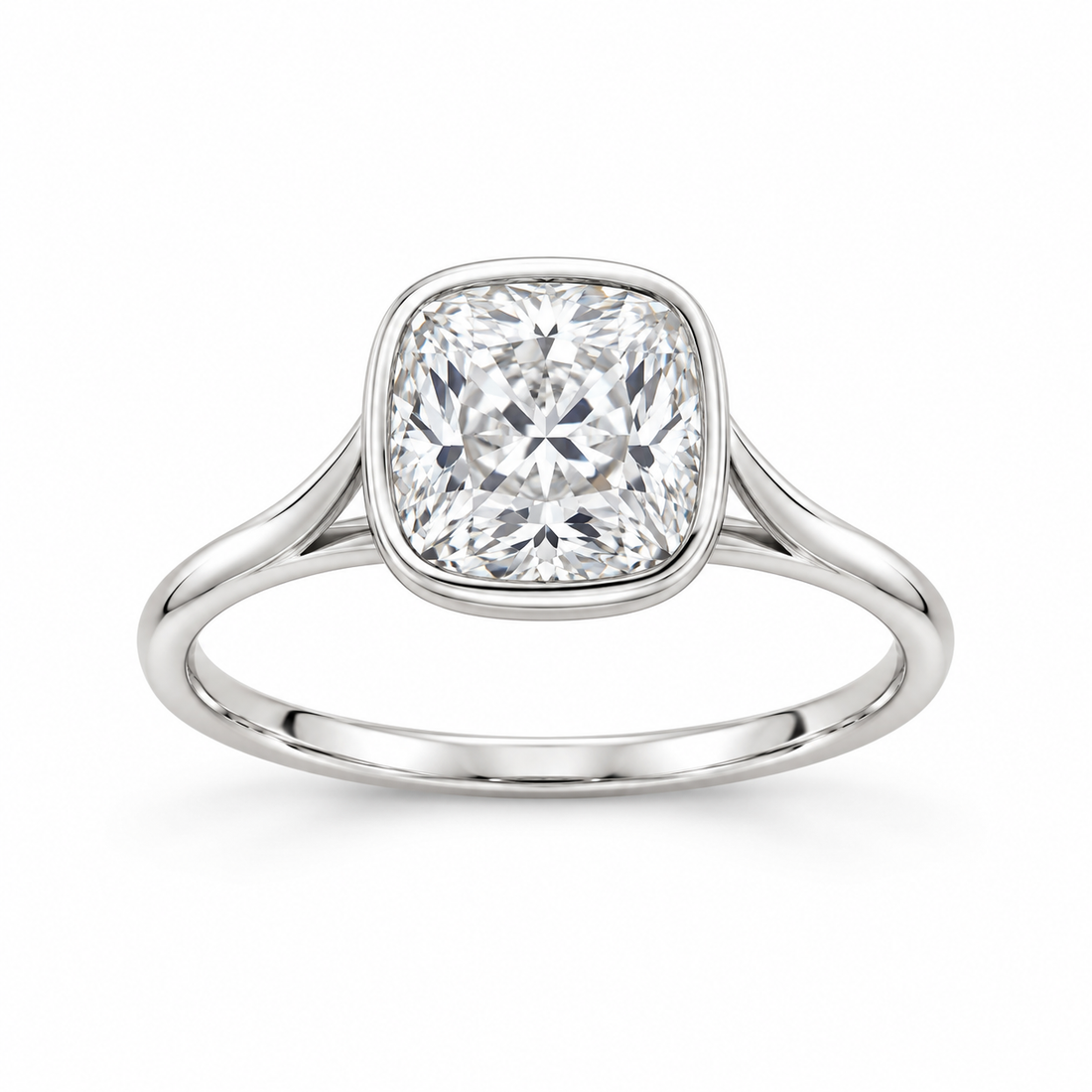 Cushion-cut lab-grown diamond bezel-set solitaire engagement ring