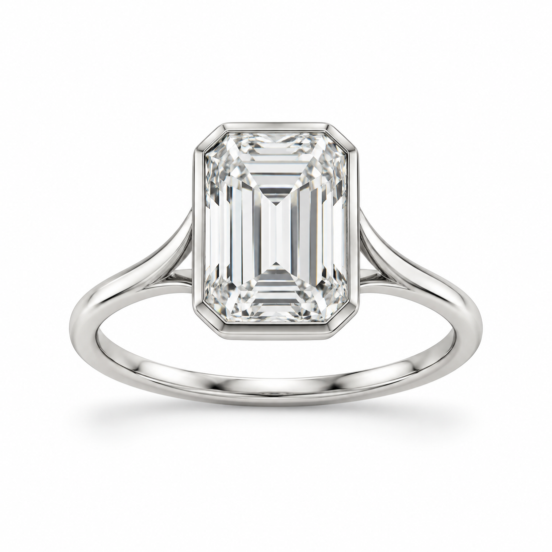 Emerald-cut lab-grown diamond bezel-set solitaire engagement ring