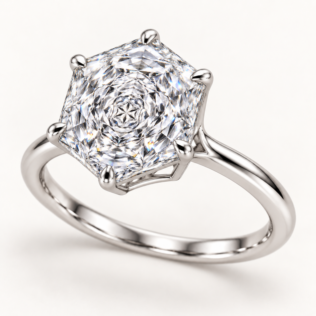 Rose-inspired hexagonal diamond solitaire ring white-angle