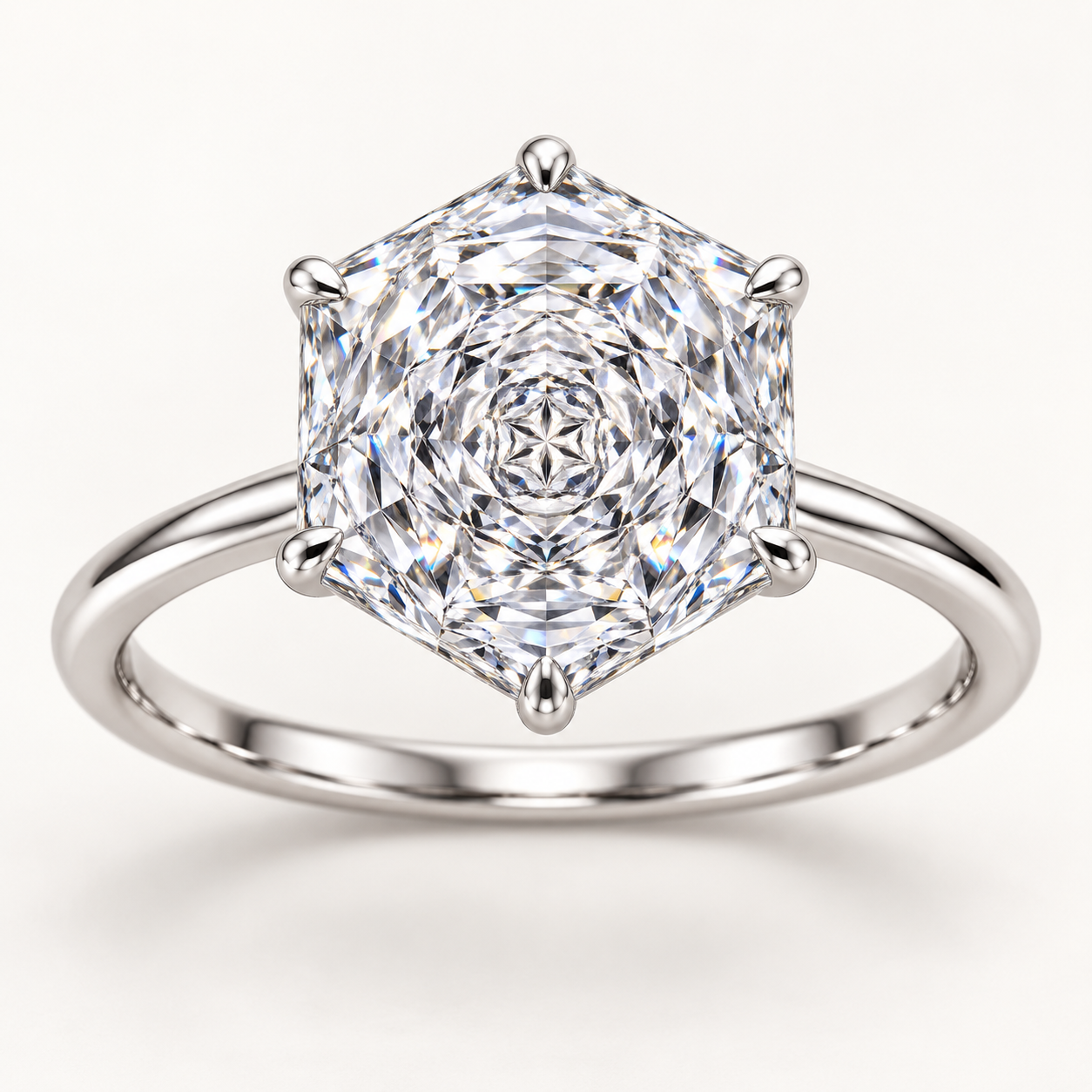 Rose-inspired hexagonal diamond solitaire ring white-front