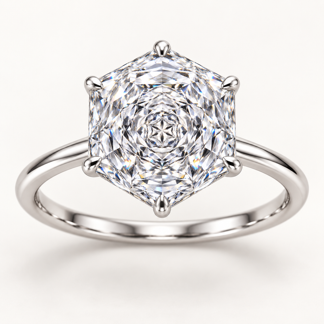 Rose-inspired hexagonal diamond solitaire ring white-front