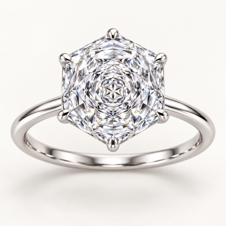 Rose-inspired hexagonal diamond solitaire ring white-front
