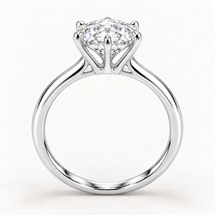 Rose-inspired hexagonal diamond solitaire white gold side view