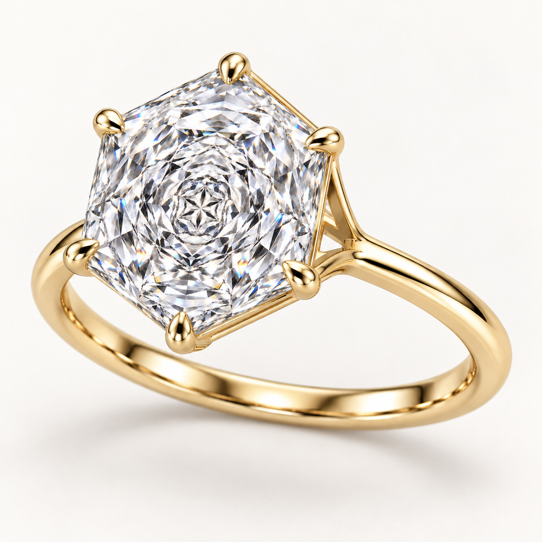 Rose-inspired hexagonal diamond solitaire ring yellow-angle