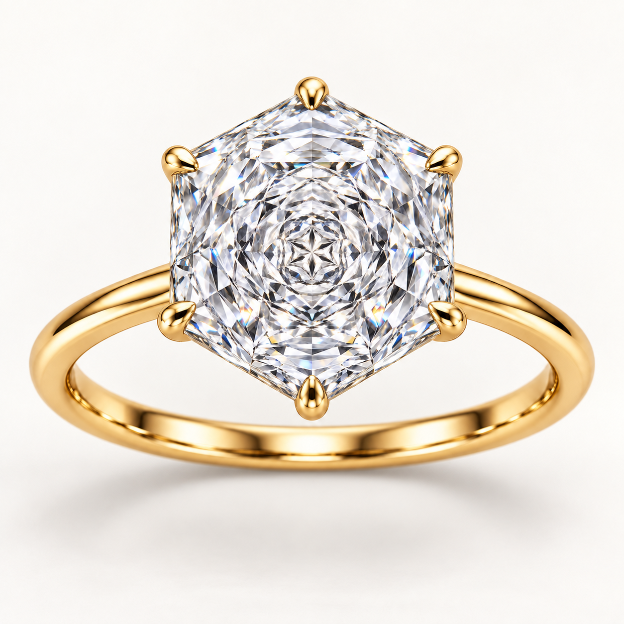 Rose-inspired hexagonal diamond solitaire ring yellow-front