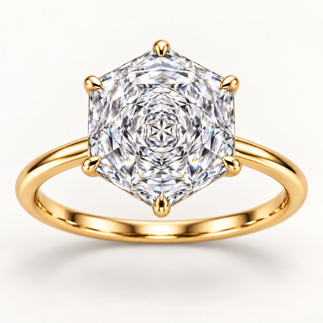 Rose-inspired hexagonal diamond solitaire ring yellow-front