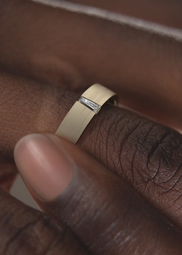 14K Gold Diamond Ring – Minimalist Brushed Finish Baguette Diamond Band